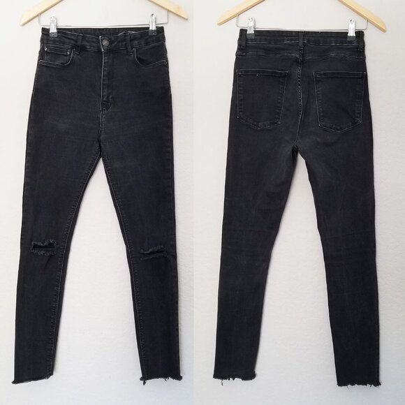 Zara High Waist Ripped Knee Skinny Jeans Raw Hem Size 4 Faded Black Grunge Moto - Picture 3 of 13